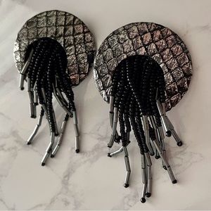 Black Silver Metallic Leather Snake Skin Beaded Clip Earrings